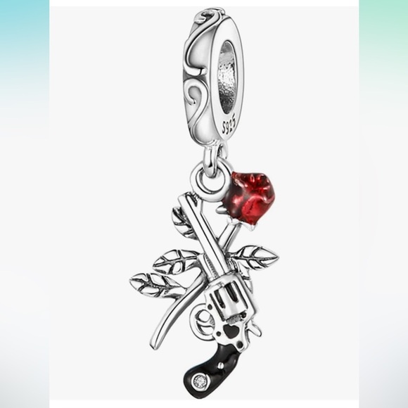 Sterling Silver Rose & Gun Charm dangle charm that fits all Pandora bracelets - Picture 1 of 4